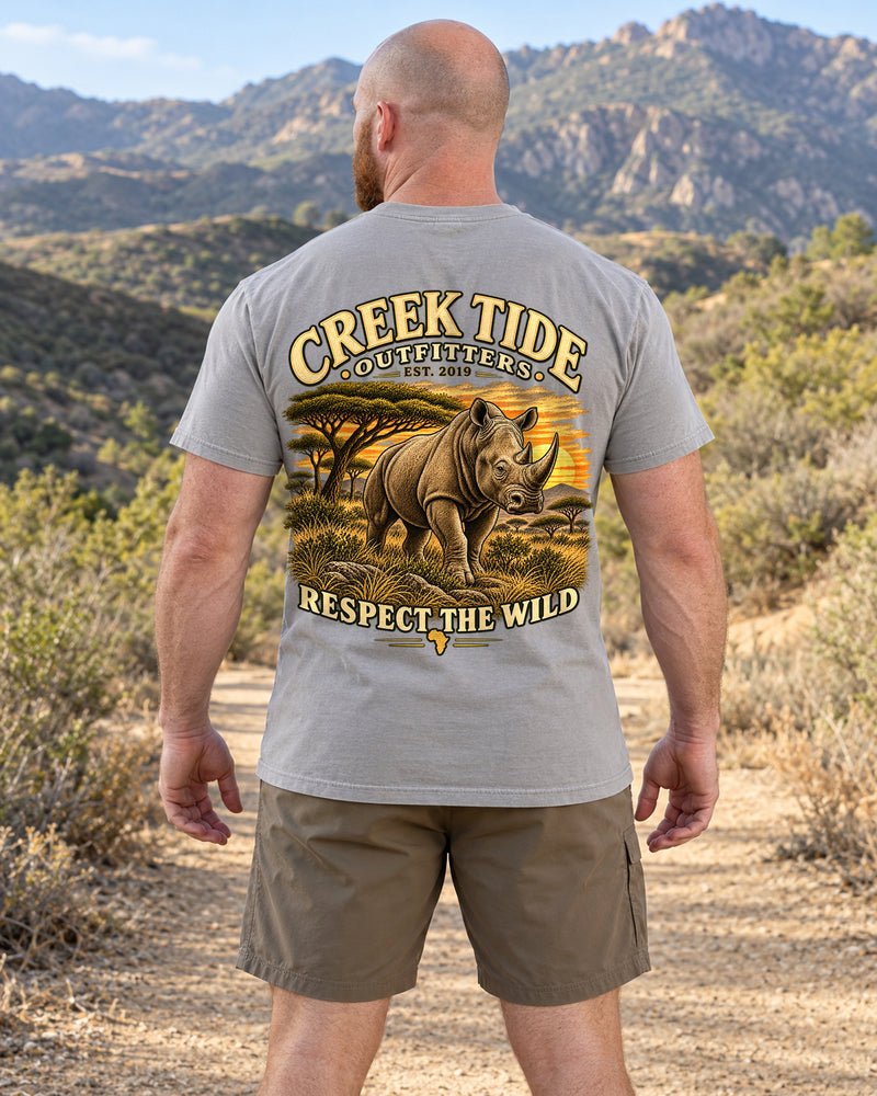 Lifestyle mockup with original artwork: Creek Tide® Respect the Wild in Grey, back view