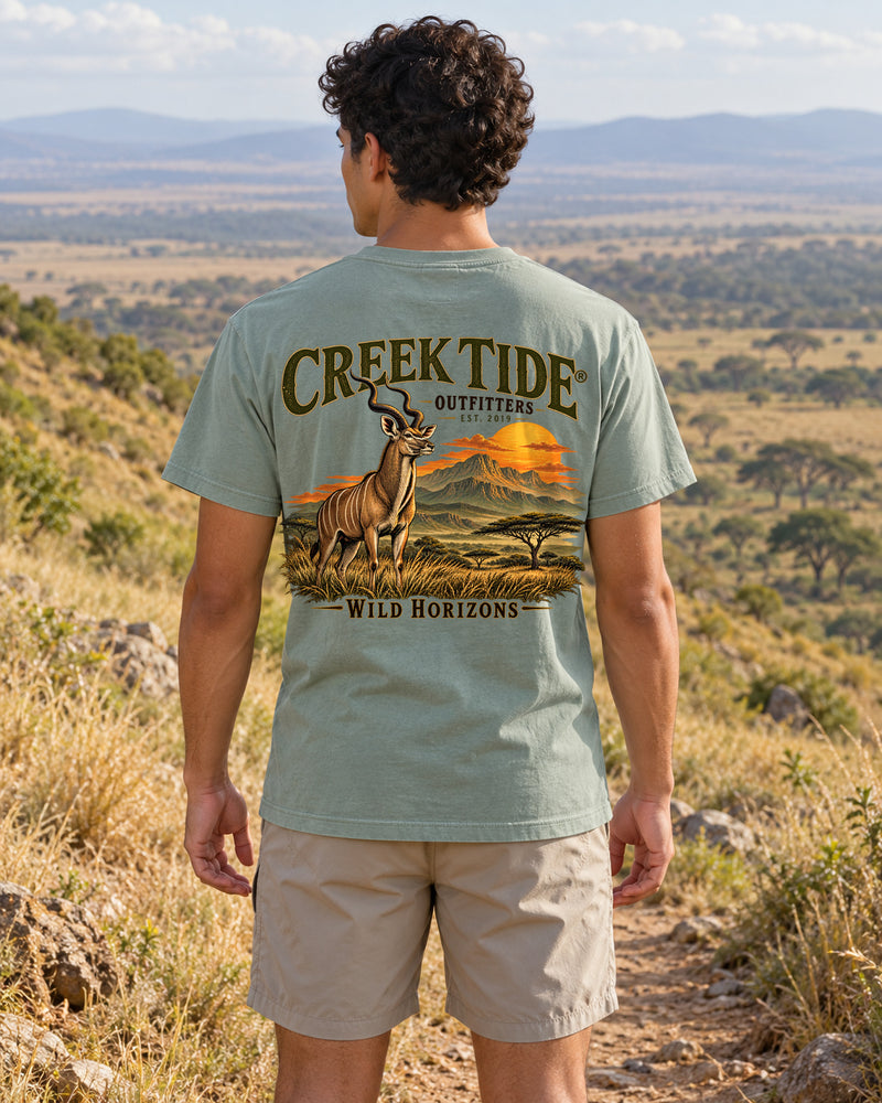 Lifestyle mockup with original artwork: Creek Tide® Wild Horizons in Bay, back view