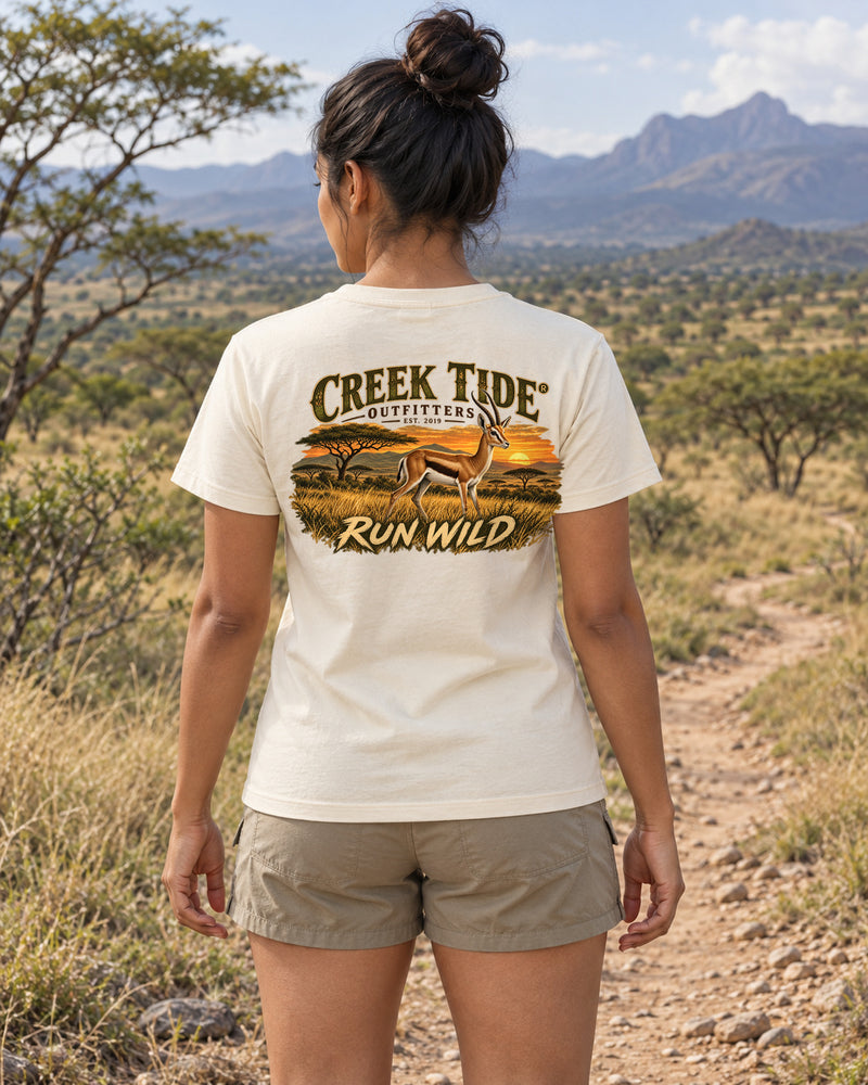 Lifestyle mockup with original artwork: Creek Tide® Run Wild in Ivory, back view