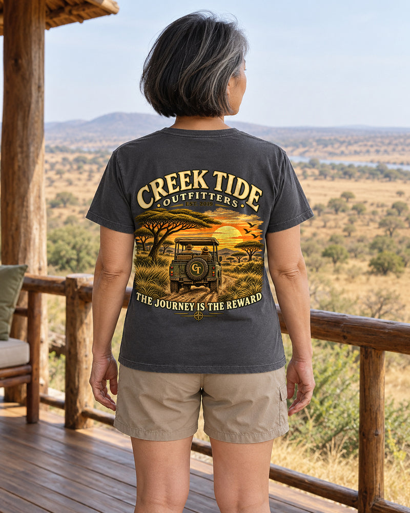 Lifestyle mockup with original artwork: Creek Tide® The Journey is the Reward in Pepper, back view