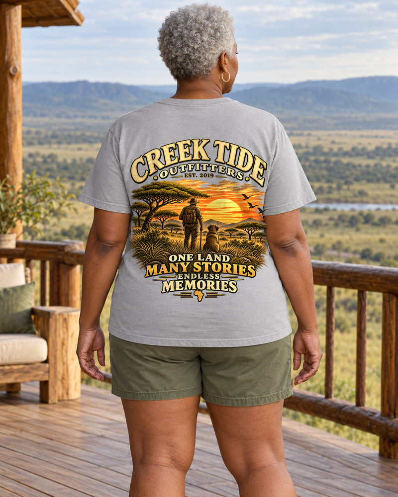 Lifestyle mockup with original artwork: Creek Tide® One Land Many Stories Endless Memories in Grey, back view